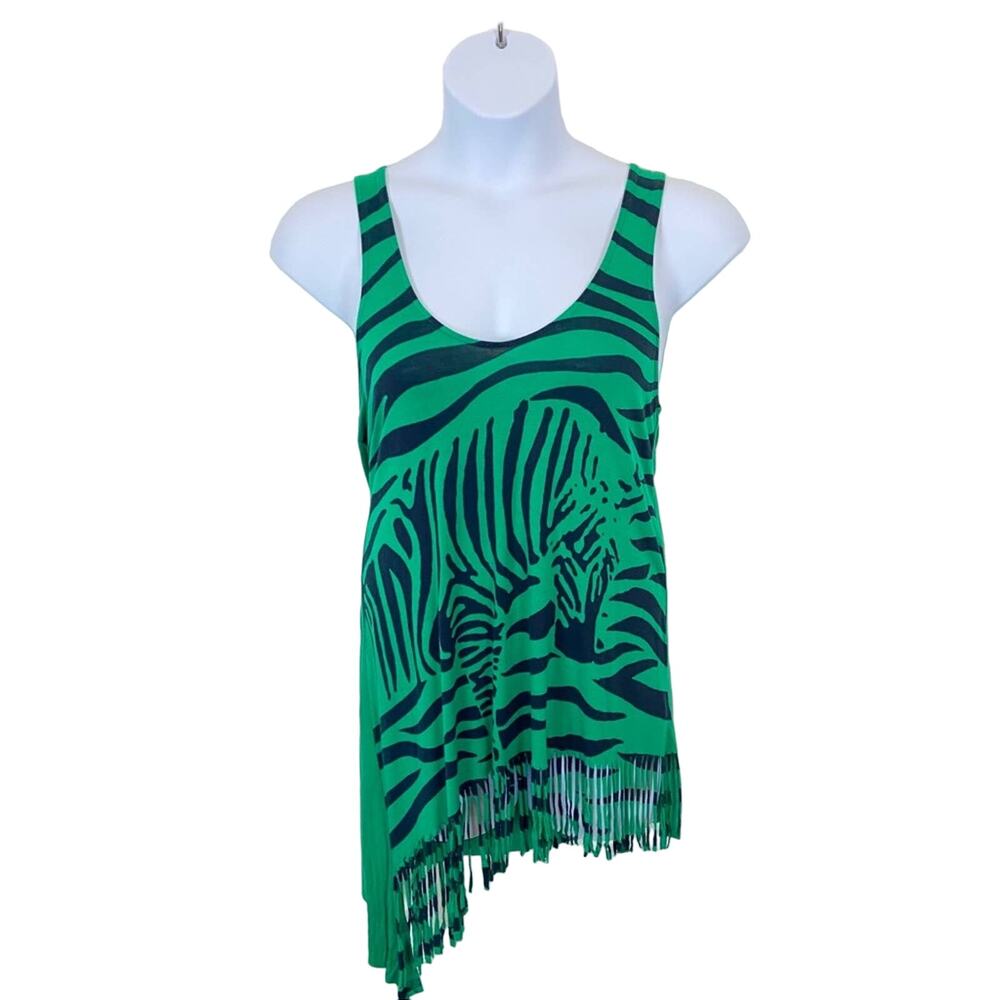T-Bags Tank Top Zip Back Zebra With Fringe Size S Green Black Made in USA Retro
